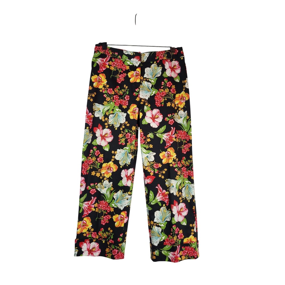 VTG Y2K Tropical Floral Capri Pants Womens‎ 10 Black Hibiscus Cotton Stretch